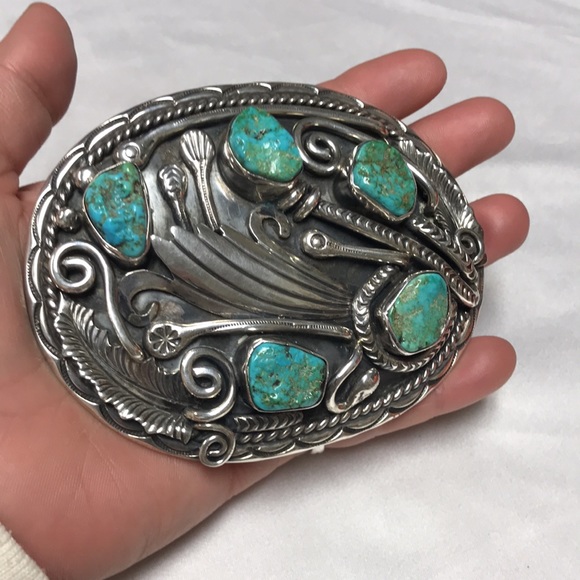 Vintage Navajo Turquoise Sterling Silver Buckle Signed VJB Violet& Jeffrey Begay - Picture 7 of 8